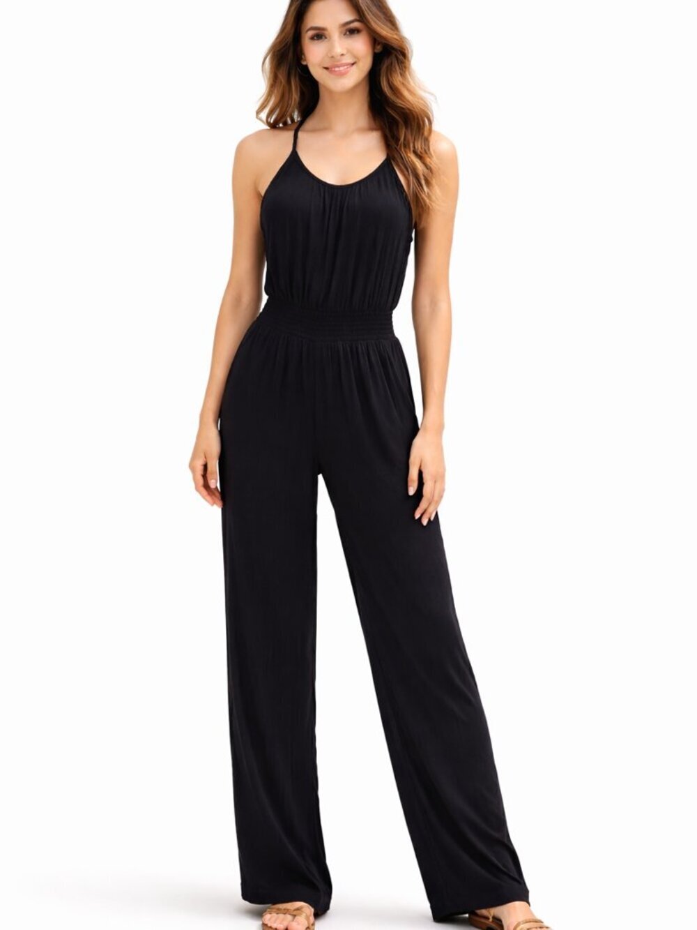 prAna Fernie Jumpsuit Womens XL Black Smocked Waist Crinkled Relaxed Wide Leg